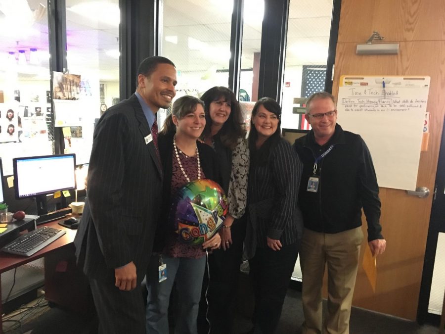 Suzi Schandoney was surprised by Superintendent Michael Thomas, NBCTs Nancy Shanklin and Camla Shultz, and Principal Kevin Gardner after achieving National Board Certification.