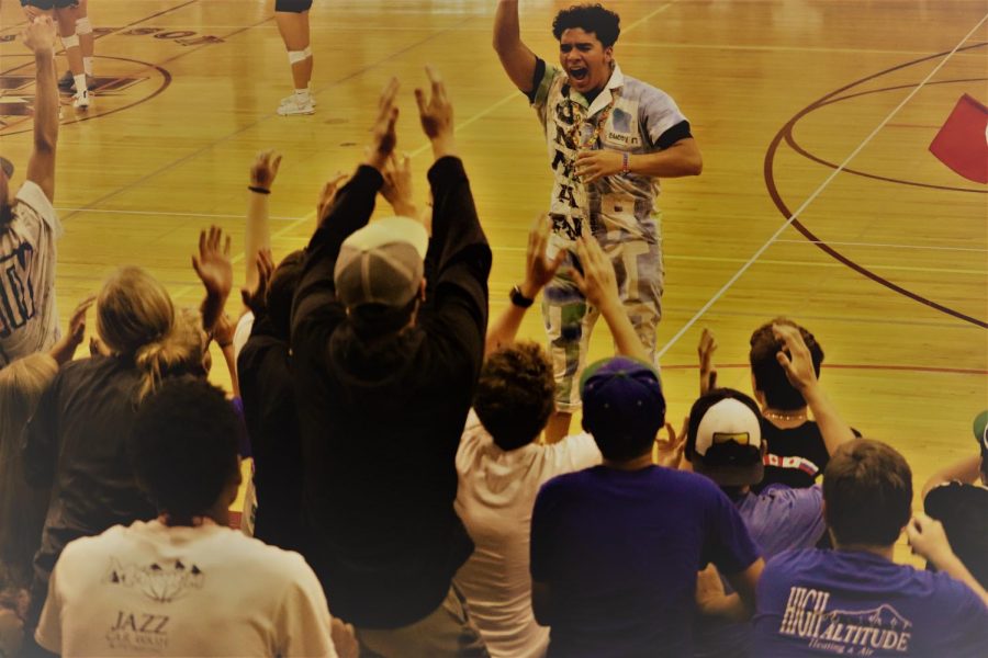 Heading into Spirit Week, Juan Cardona Marino fires up the crowd at the volleyball match on September 12th against Pueblo County.