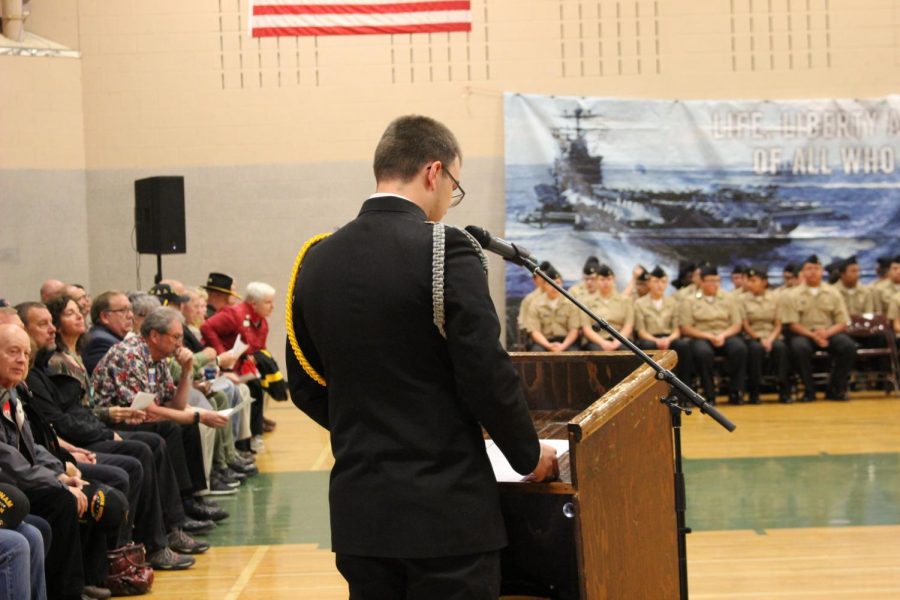 JROTC+Cadet+Cody+Jackson+presenting+his+speech+at+the+assembly.+