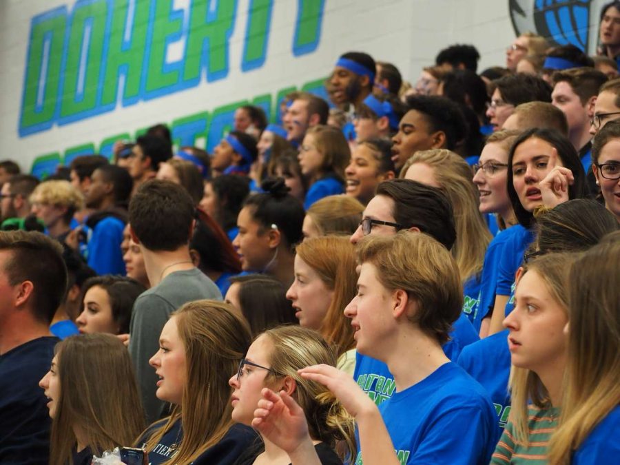 The+senior+student+section+watching+the+assembly.