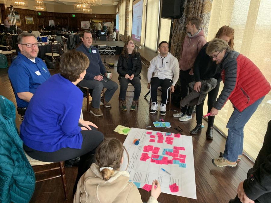 Mrs. Scott, Gabriel Garcia, Mr. Alsub, Anna Shewey and Mr. Garland work on an activity at the Suicide Prevention Conference. 