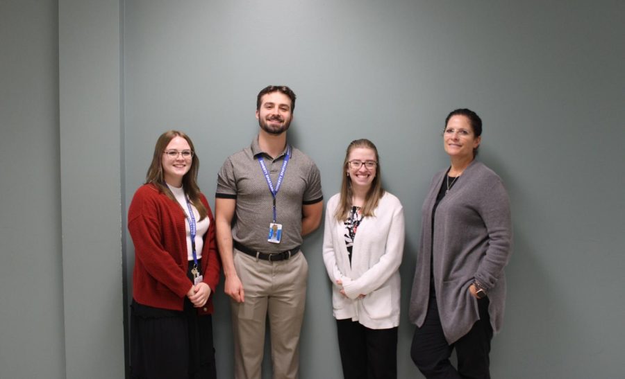 From left to right: Nicole Sketers, Mitchell Krueger, Sarah List-Wallace and Jen Scott. These four joined the Doherty English team this year. Both List-Wallace and Sketers did their student teaching here. I love to see the “We before me” attitude amongst both students and staff, said Nicole Sketers.