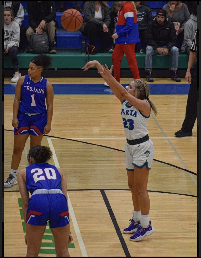 Tayva Phillips shooting a free throw against a hyped Trojan-Spartan match. Spartans won this game 61-46.