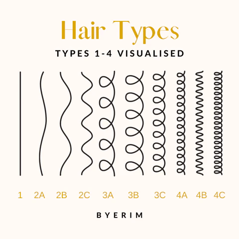 A chart of hair textures which shows their visual differences. The chart is not one size fits all and the actual look of these hair textures may vary.