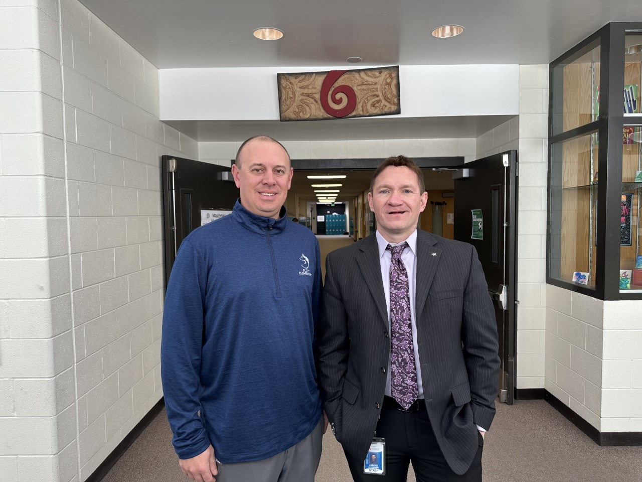 (Left to Right) Area Superintendent Darren Joiner and Jenkins Middle School principal Tony Jackowski posing for a picture. This was one of two schools Joiner went to on his school visits that day.