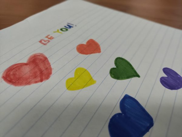 Pride colored hearts drawn by Doherty student.