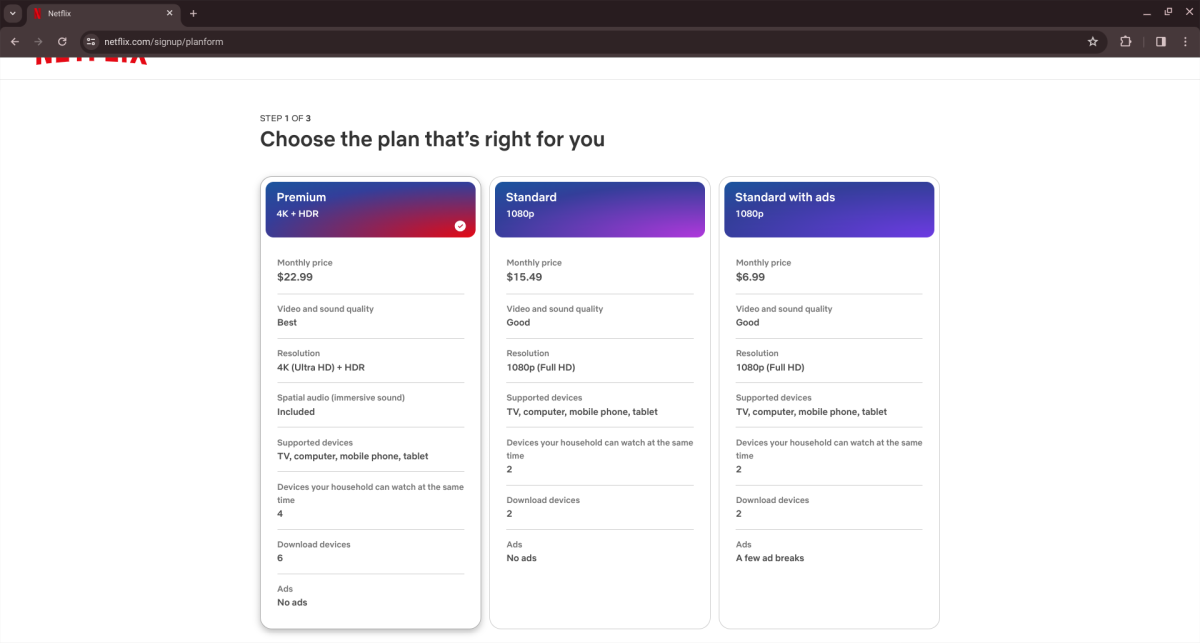 Netflix website when you log in and need to choose a plan.