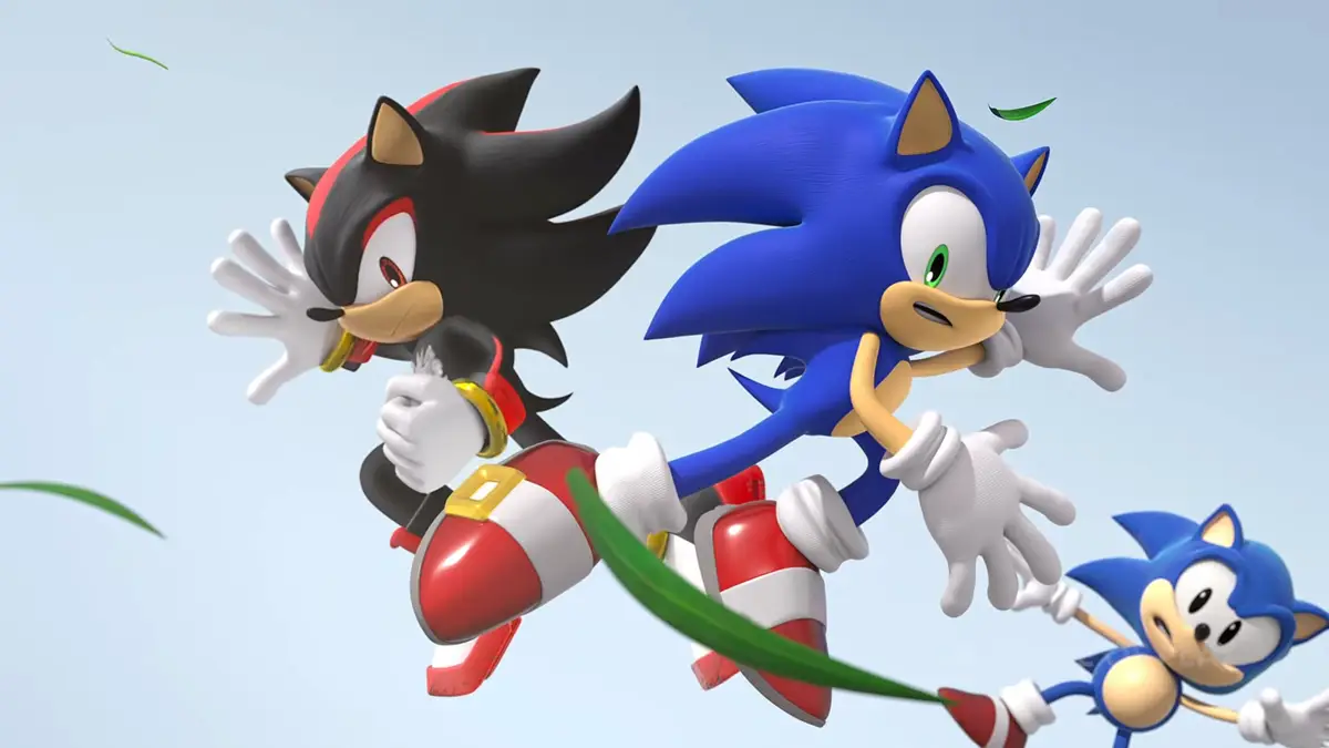 photo credit: eurogamer.net 
Shadow, Sonic, and Classic Sonic are jumping in the air 
