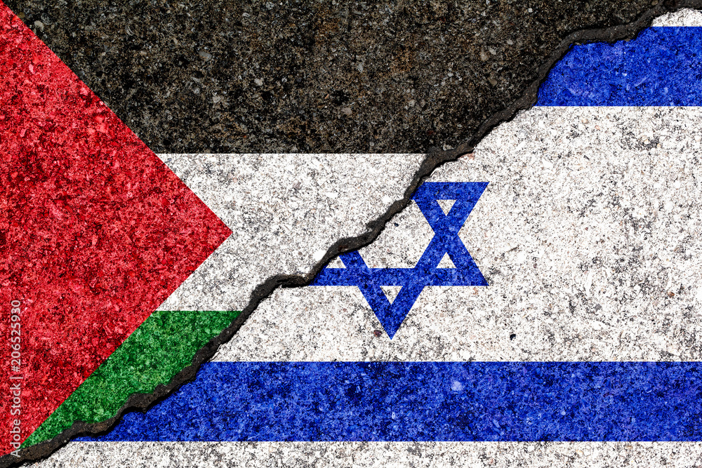 Israel+and+Palestine+flags+on+a+cracked+wall%2C+cracked+from+the+war.