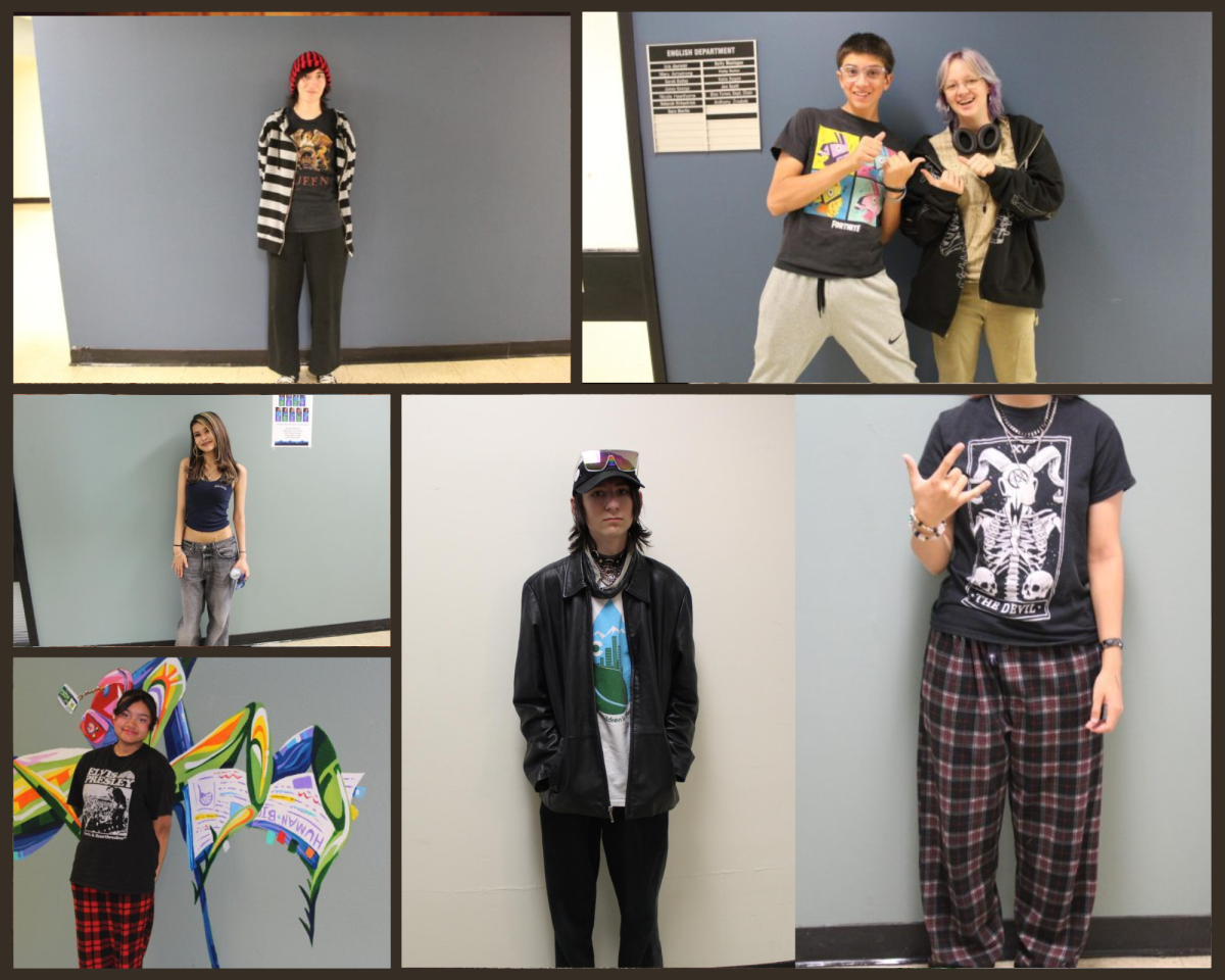 (left to right, counterclockwise) Cameron Schafer, Tyler Arther, Mars Woodard, Miles Quesada, Dylan Southard, Rozlyn Dilungil Pelliccia, and Nevaeh Soria show off their fashion. (photographers Darya Van Deman, Mirracle Battle, and Rae Papenfus; collage curator Darya Van Deman)