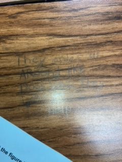 Something concerning a student wrote on  the desk. It says, "They order us around like dogs when they ignore our cries for help."