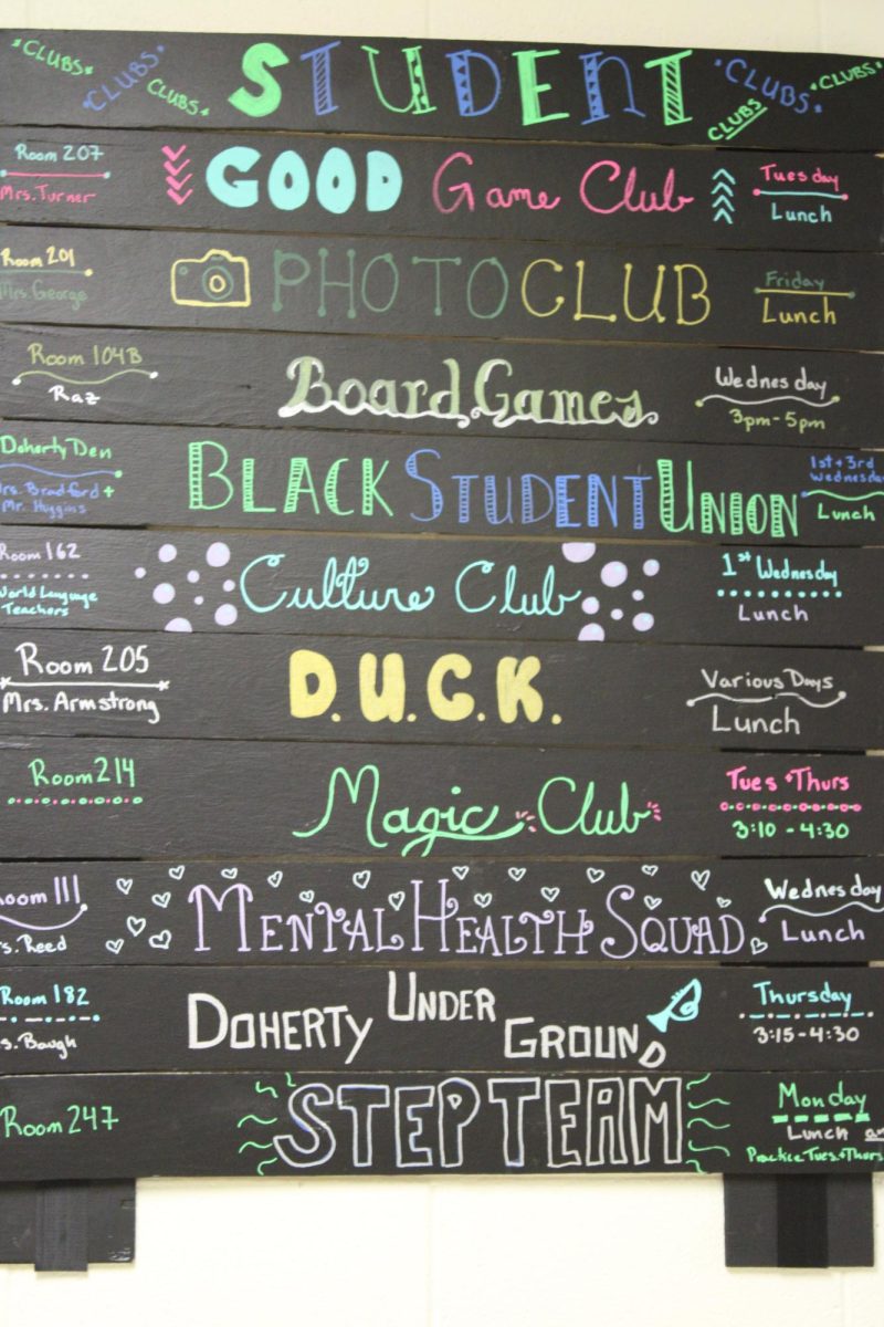 Chalkboard list of some cubs at Doherty, located near the attendance office