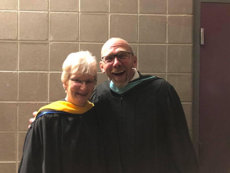 Former Doherty teachers Julie Furstenau and Steve Gigliotti at the 2018 Doherty graduation at the World Arena. Gigliotti helped to start Field Studies and is missed.