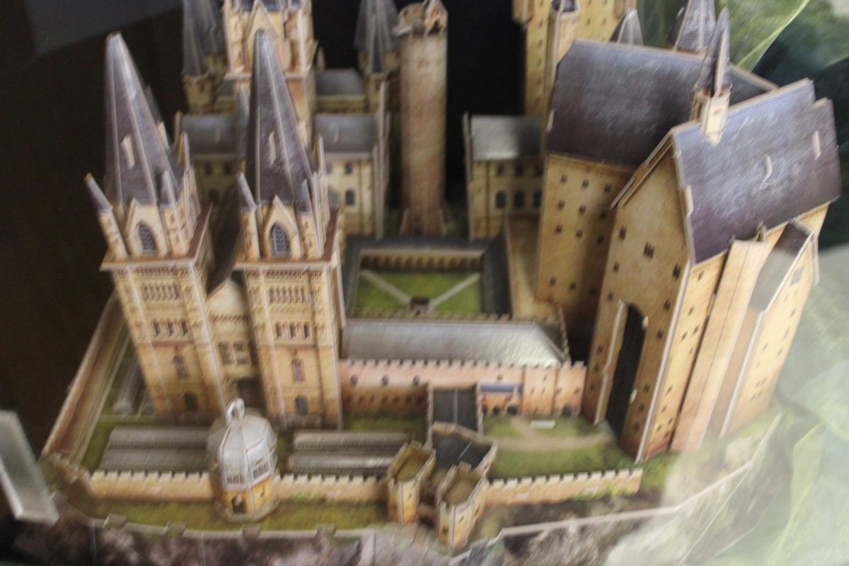 Model of Hogwarts school of witchcraft and wizardry. in the library display case.  