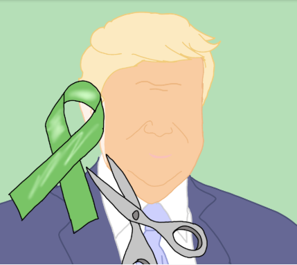 Illustration of Donald Trump. The face has minimal detail, and a mental health awareness ribbon is cut by a pair of scissors.