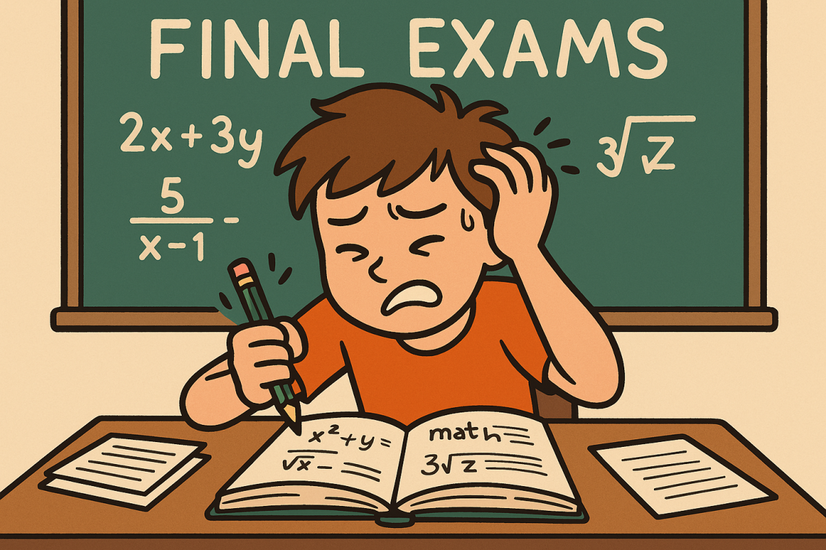A cartoon-style student representation of finals week stress.