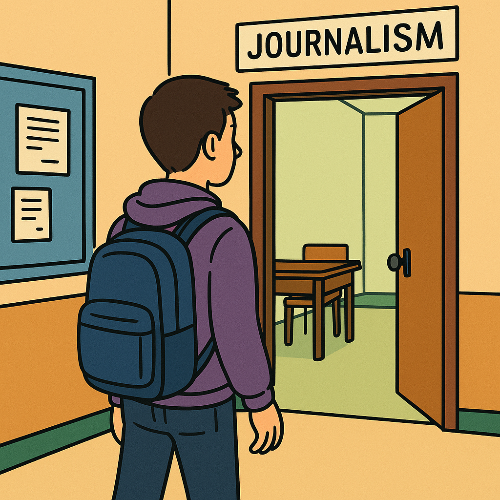 A student stands at the door of opportunity- ready to step into the world of journalism at Doherty High School. Image generated with AI, all permission.