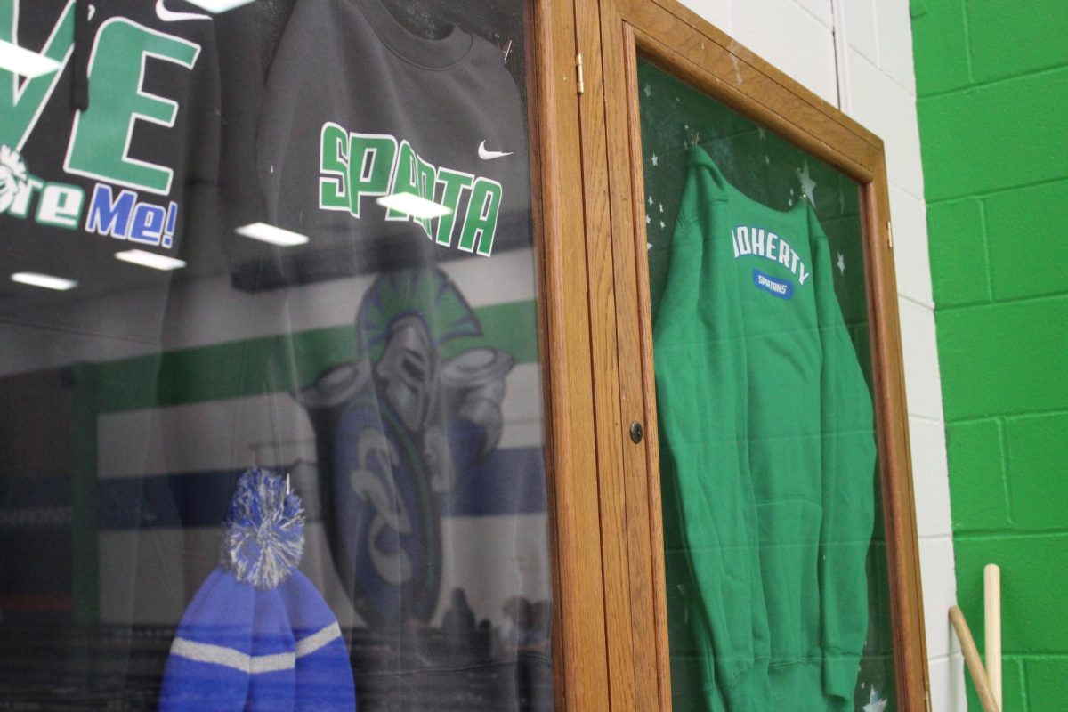 A display case showcases Doherty swag.