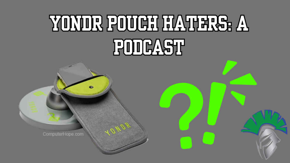 Thumbnail for "Yondr Pouch Haters", a podcast created by Justin Singer. Created in Canva by Darya Van Deman.