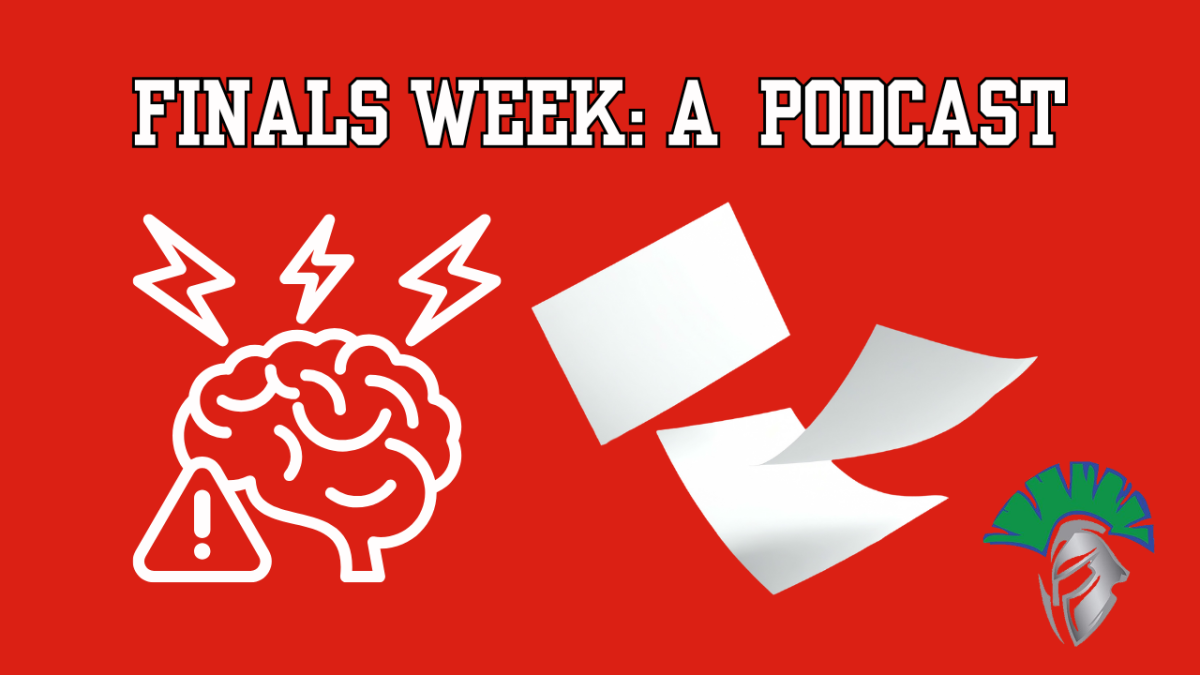 Thumbnail for "Finals Week: A Podcast," recorded and commentated by Justin Singer. Created in Canva by Darya Van Deman.