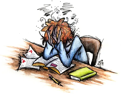 Illustration, a person in distress over studying,